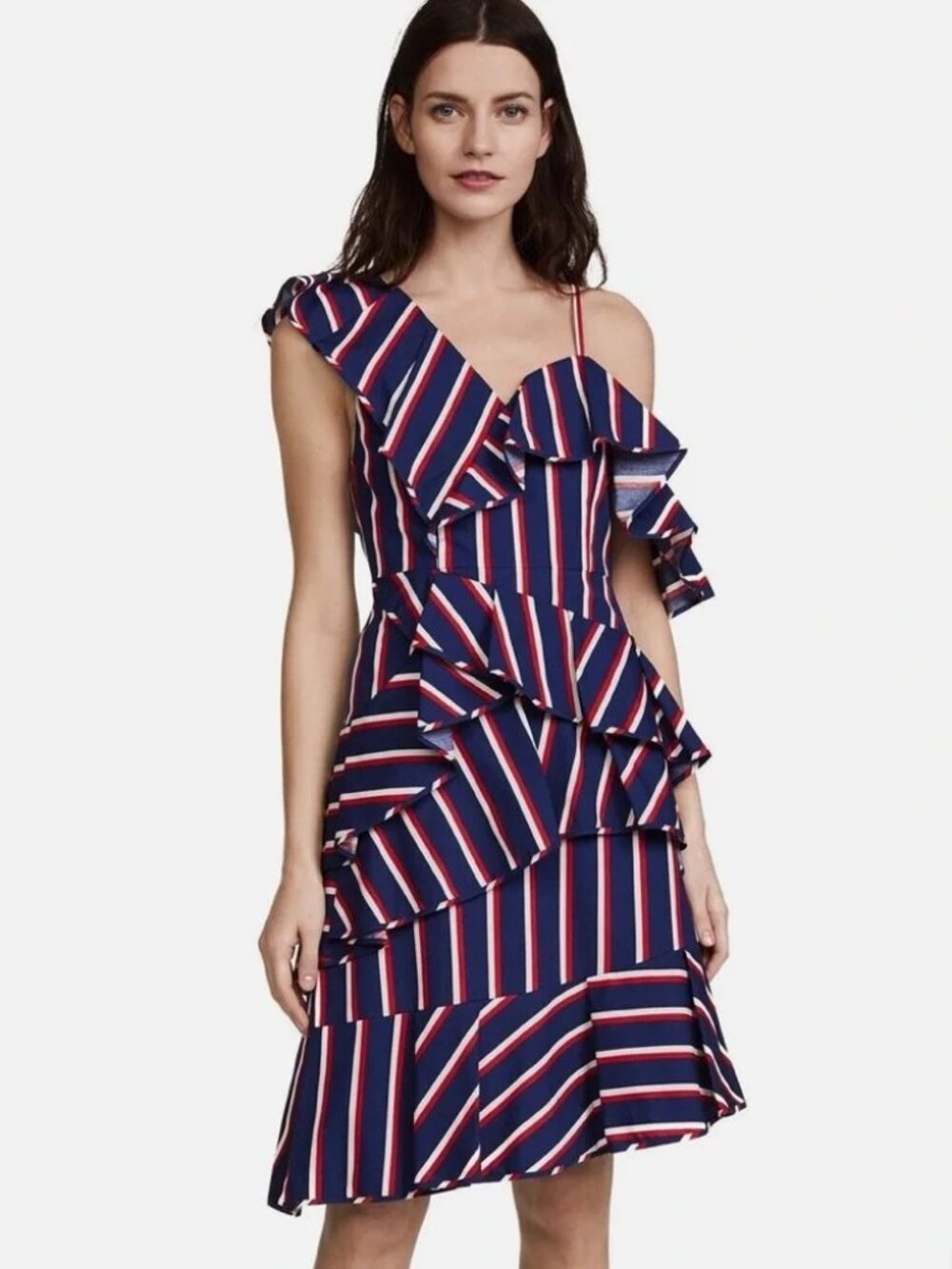Alice + Olivia Laflora Asymmetrical Ruffle Midi Dress (Collegiate Stripe) Size 0